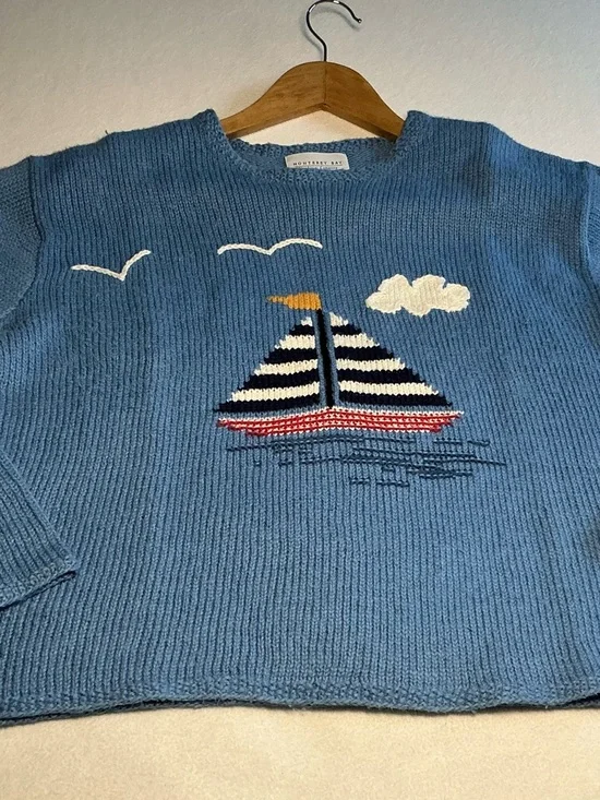 Monterey Bay Blue Nautical Crewneck Sweater with Boat Motif - Picture 2 of 8